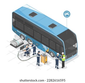 Transportation Green Energy Ecology  low emission city bus Development Engineer team Electric and hydrogen power isometric isolated vector