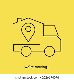 Transportation and home removal concept. Silhouette of a truck and a house with location sign.  We're moving in yellow. Logo for your web site design, app, UI. EPS10.