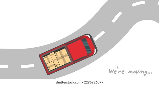 Transportation and home removal. A red truck with packed boxes is driving down the road. View from above. We're moving. Vector for your design. EPS10.