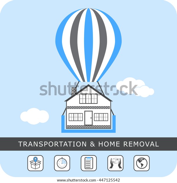 Transportation and home removal - stock vector.\
House on the balloon to move, flat design.\
