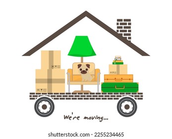 Transportation and home removal. Stylized house on wheels with boxes, suitcases, pet for moving. We're moving. Vector for your design. EPS10.