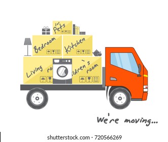 Transportation And Home Removal. Stylized House With Boxes For Moving On Orange Truck. We're Moving. Stock Vector. Flat Design.