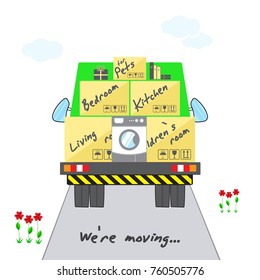 Transportation and home removal. Stylized house with boxes for moving on truck.  Green truck with cargo is on the road. We're moving. Flat design. Vector illustration EPS10.