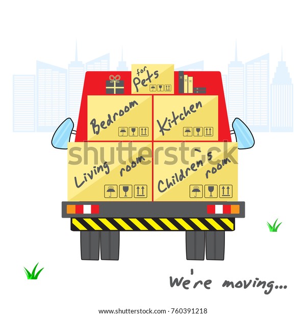 Transportation and home removal. Stylized house\
with boxes for moving on truck.  Red truck with cargo moving to the\
silhouette of the city. We\'re moving. Flat design. Vector\
illustration\
EPS10.