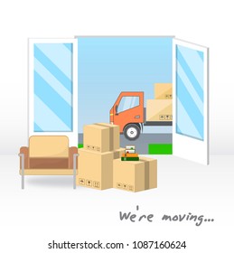 Transportation and home removal. We're moving. The truck with boxes is visible through the open doors of the house. Boxes, armchair, books in anticipation of moving. Vector illustration EPS10.
