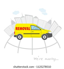 Transportation and home removal. We're moving. The yellow car for transportation and home removal.  Yellow minivan on a background of skyscrapers. Stock vector. Flat design.