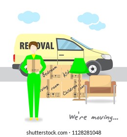 Transportation and home removal. We're moving. A young woman is holding box.  The truck, boxes, armchair, floor lamp . Stock vector. Vector illustration EPS10. 