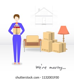 Transportation and home removal. We're moving. The young women is holding box and books.  Boxes, armchair, lamp, books in anticipation of moving. Stock vector.