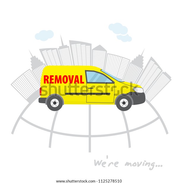 Transportation and home\
removal. We\'re moving. The yellow car for transportation and home\
removal.  Yellow minivan on a background of skyscrapers. Stock\
vector. Flat\
design.