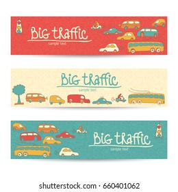 Transportation horizontal doodle banners with different types of vehicles on the car silhouette backgrounds Vector Illustration