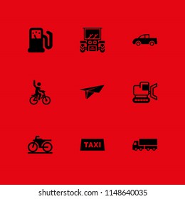 transportation icon. 9 transportation vectors with pickup truck, bulldozer, motorbike and tractor icons for web and mobile app