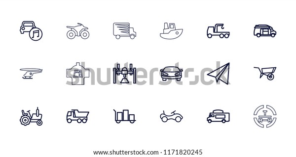 Transportation icon. collection\
of 18 transportation outline icons such as wheel barrow, tractor,\
bike, paper airplane. editable transportation icons for web and\
mobile.