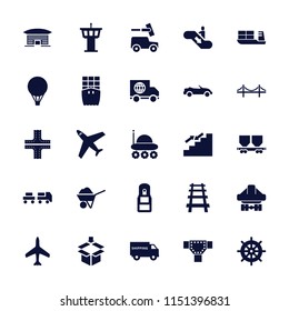 Transportation icon. collection of 25 transportation filled icons such as plane, airport tower, road, helm, cargo wagon. editable transportation icons for web and mobile.