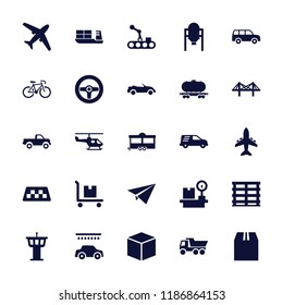 Transportation icon. collection of 25 transportation filled icons such as tank, taxi, airport tower, box, plane, trailer. editable transportation icons for web and mobile.