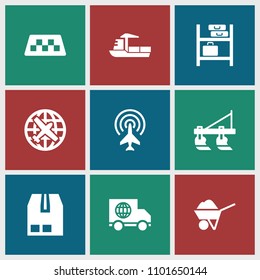 Transportation icon. collection of 9 transportation filled icons such as tractor, taxi, plane, cargo container. editable transportation icons for web and mobile.