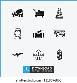 Transportation icon. collection of 9 transportation filled and outline icons such as concrete mixer, plane, train, tunnel. editable transportation icons for web and mobile.