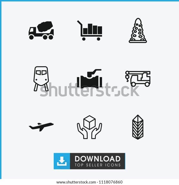Transportation icon. collection\
of 9 transportation filled and outline icons such as concrete\
mixer, plane, train, tunnel. editable transportation icons for web\
and mobile.