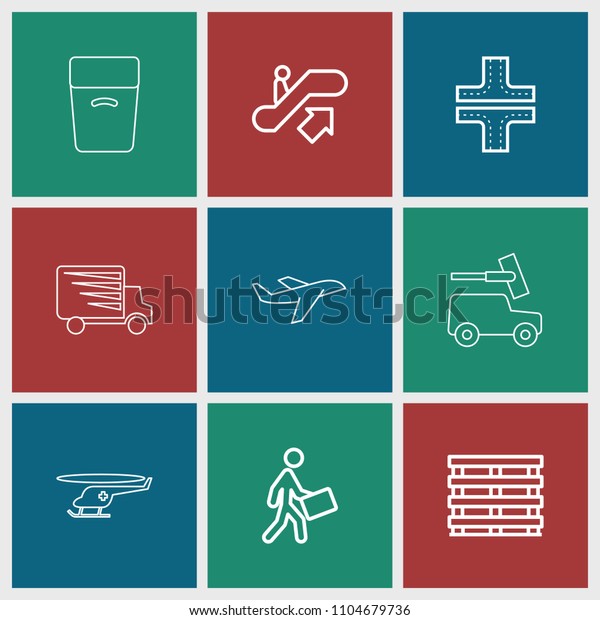 Transportation\
icon. collection of 9 transportation outline icons such as\
escalator up, road, cargo box, courier, plane. editable\
transportation icons for web and\
mobile.