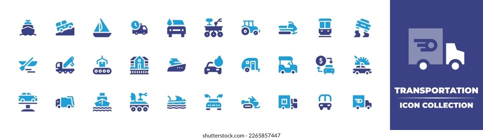 Transportation icon collection. Duotone color. Vector illustration. Containing ship, jeep, boat, delivery time, car wash, mars rover, tractor, snowmobile, subway, slippery road, tow truck, conveyor.