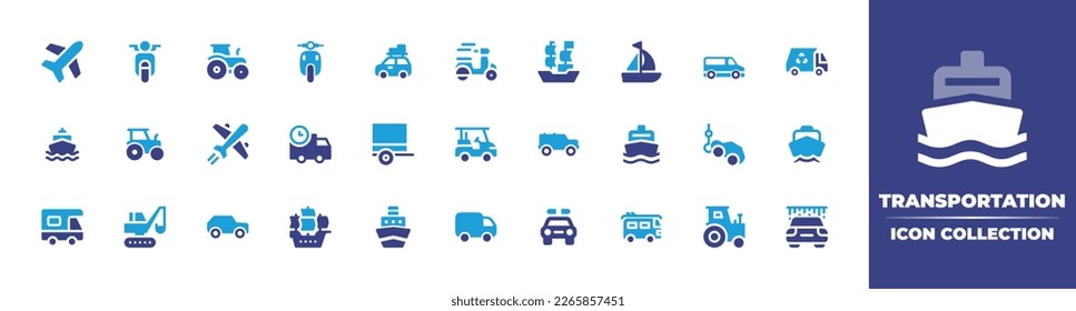 Transportation icon collection. Duotone color. Vector illustration. Containing plane, motorcycle, tractor, road trip, scooter, ship, sailboat, mini van, recycling truck, airplane, delivery truck.