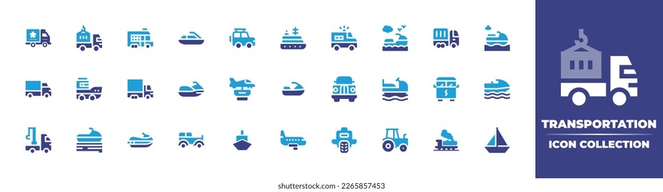 Transportation icon collection. Duotone color. Vector illustration. Containing truck, delivery truck, bus, jet ski, jeep, transatlantic, prisoner, logistics delivery, boat, jet, car, water scooter.