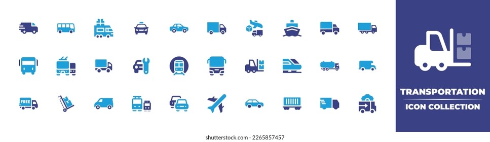 Transportation icon collection. Duotone color. Vector illustration. Containing fast delivery, bus, gift, taxi, car, cargo truck, freight, boat, delivery truck, public transport, van, car repair.