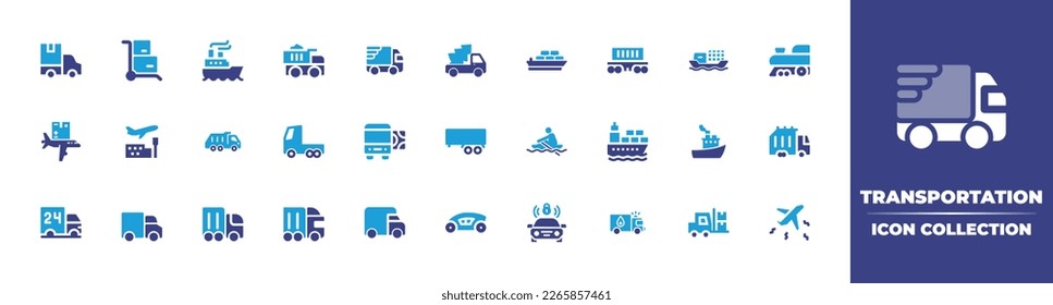 Transportation icon collection. Duotone color. Vector illustration. Containing truck, push cart, ship, delivery truck, pick up truck, freight, freight wagon, cargo ship, train, cargo, airport.