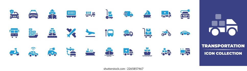 Transportation icon collection. Duotone color. Vector illustration. Containing car insurance, police car, ship, freight wagon, truck, trolley cart, delivery van, delivery, electric car, bus.