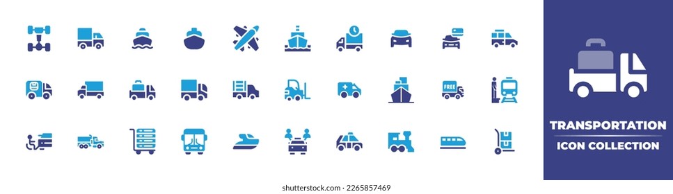 Transportation icon collection. Duotone color. Vector illustration. Containing chassis, truck, harbor, ships, plane, ship, delivery truck, car, all terrain, automobile, luggage, forklift, ambulance.