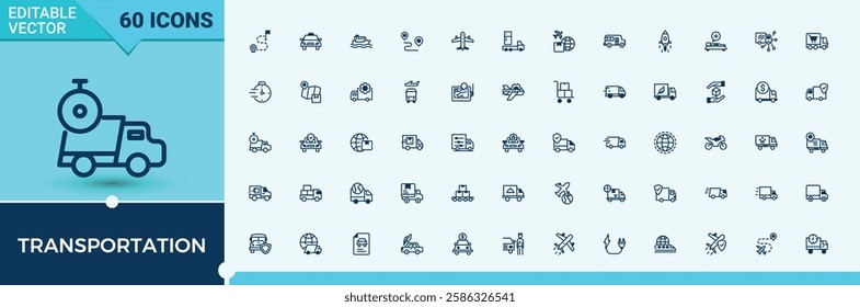 Transportation icon collection. Includes thin line transport, trolleybus, tram, truck, sailing, cycling, car and more. Minimalist editable vector stroke.