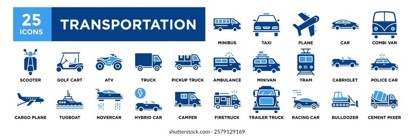 Transportation icon collection set. Containing design Minibus, Taxi, Plane, Car, Combi Van
