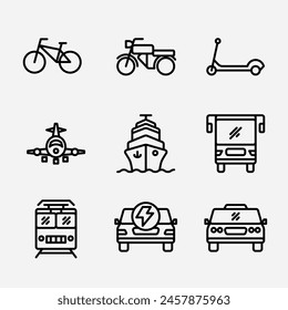 Icono de Transporte. Colección de transporte icono simple lineal en bicicleta, motocicleta, skuter, avión, barco, autobús, tren, coche elektrifikasi, taxi. Trazo de Vector editable