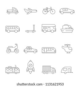 Transportation icon. Linear illustrations of various urban transport. Outline bus and train, traffic public, travel bicycle vector