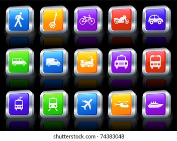 Icono de transporte en botón cuadrado con colección de borde metálico Ilustración original