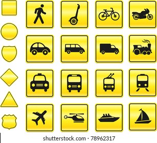 Transportation Icon on Yellow Sign Button Collection Original Illustration