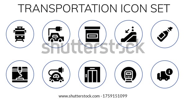 transportation icon set. 10 filled\
transportation icons.  Simple modern icons such as: Train, 3d,\
Electric car, Box, Elevator, Escalator down, Railway, Oil,\
Delivery