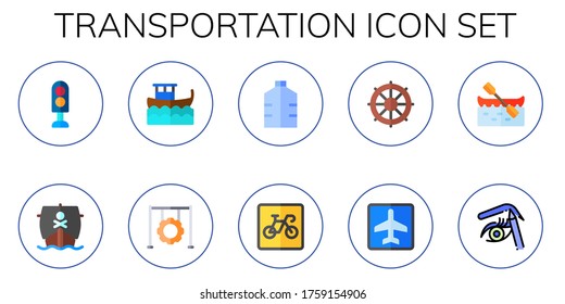 conjunto de iconos de transporte. 10 iconos de transporte plano.  Iconos modernos sencillos como: semáforo, barco, barco, neumático, galón, bicicleta, casco, aeropuerto, transatlántico