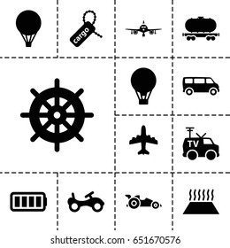 Transportation icon. set of 13 filled transportationicons such as plane, bike, helm, van, cargo tag, cargo wagon, tv van, ful battery, heating system in car, air balloon