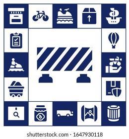 transportation icon set. 17 filled transportation icons.  Simple modern icons such as: Box, Delivery, Jet ski, Barrier, Wagon, Hot air balloon, Motorbike, Package, Bike, Jam, Cargo truck