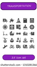 transportation icon set. 25 filled transportation icons.  Simple modern icons about  - Truck, Wheelbarrow, Cone, Gas can, Lift, Spoke wheel, Motorway, Package, Oil pump, Wheel