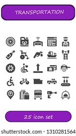 transportation icon set. 25 filled transportation icons.  Simple modern icons about  - Wheel, Gasoline, Garage, Traffic, Postman, Oil, Wheelchair, Gas station, Cargo ship, Semaphore