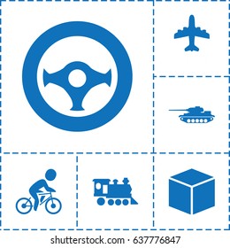 Transportation icon. set of 6 transportation filled icons such as plane, locomotive, bicycle, steering wheel, tank