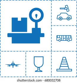 Transportation icon. set of 6 transportation filled and outline icons such as plane, lugagge weight, airport bus, car wash, cone