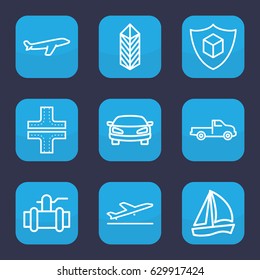 Transportation icon. set of 9 outline transportation icons such as plane taking off, car, road, plane, pump, cargo, cargo insurance