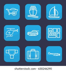 Transportation icon. set of 9 outline transportation icons such as helicopter, road, wheelbarrow, cargo ship, lugagge, luggage, medical helicopter, tank