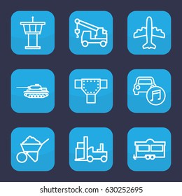 Transportation icon. set of 9 outline transportation icons such as airport tower, road, plane, construction, truck with hook, forklift, trailer, car music