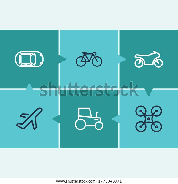Transportation icon set and bicycle with\
motorbike, plane and tractor. Motorcycle related transportation\
icon vector for web UI logo\
design.