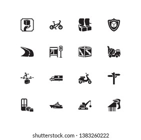 Transportation icon set and bike with delivery protection, demolition truck and concrete mixer. Autobus stop related transportation icon vector for web UI logo design.
