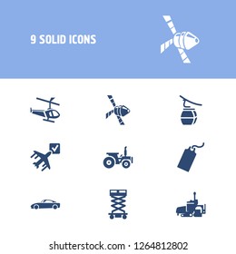 Transportation icon set and cable car with tractor, space vehicle and sport car. Airplane related transportation icon vector for web UI logo design.