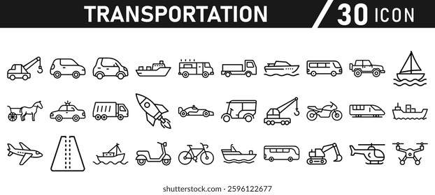 Transportation icon set. Car, bike, plane, train, bicycle, rocket, motorbike, bus, scooter, and truck icons. Icon collection.